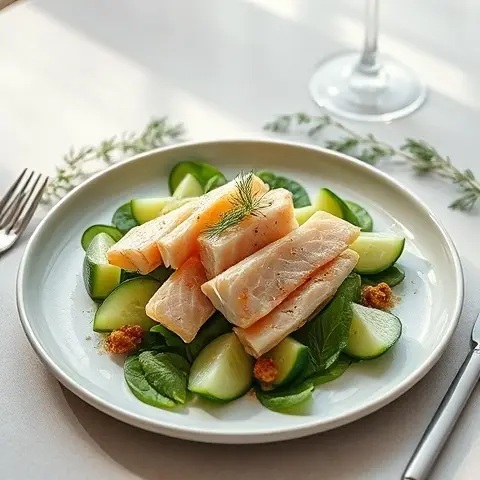 Cucumber and Dill Salad with Poached Fish Strips