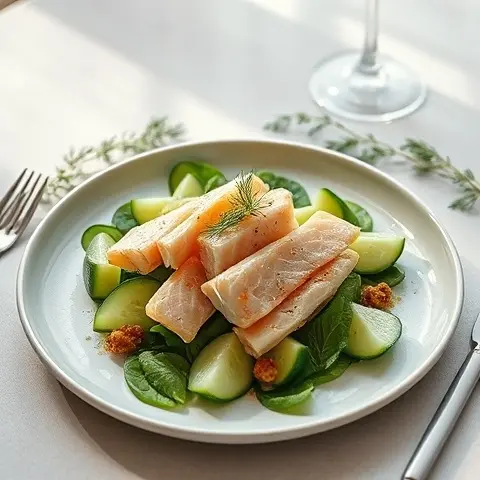 Cucumber and Dill Salad with Poached Fish Strips