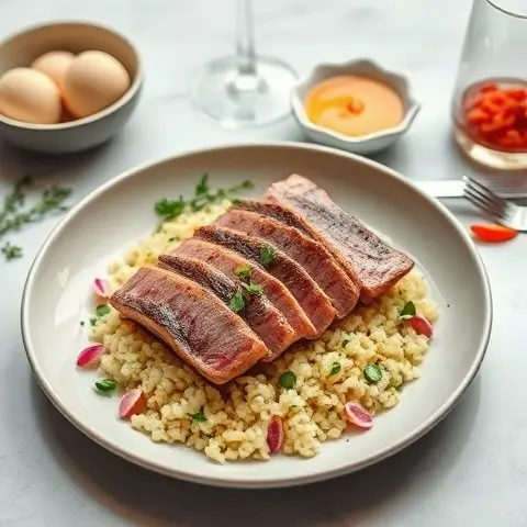 Pan-Seared Tuna Steak with Sesame-Cauliflower Rice and Pickled Ginger