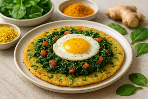 Savory Fenugreek & Moong Dal Uttapam with Spiced Spinach & Egg