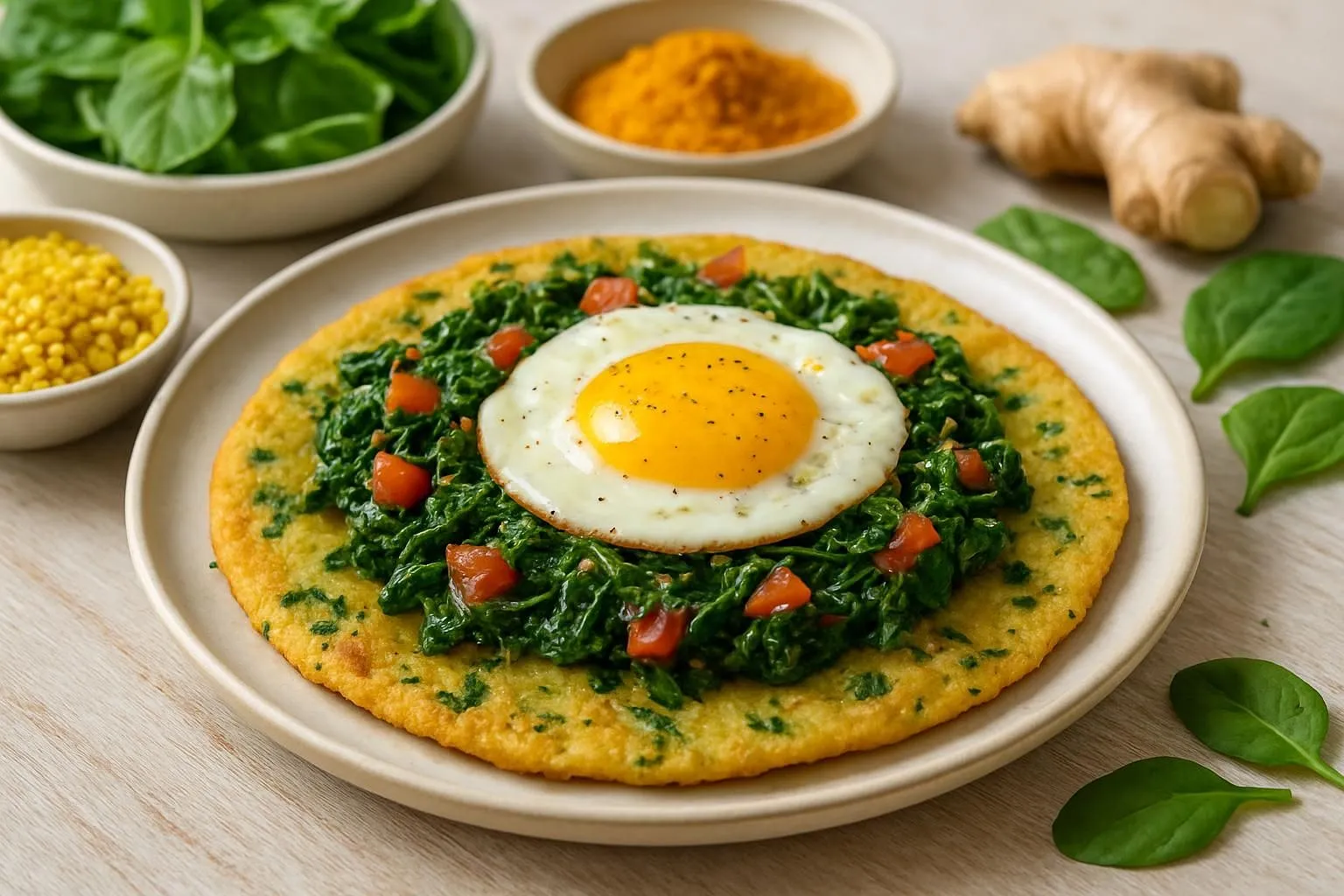 Savory Fenugreek & Moong Dal Uttapam with Spiced Spinach & Egg