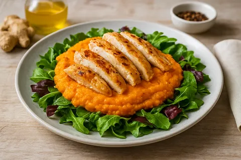 Warm Carrot & Ginger Purée over Mixed Greens with Chicken Strips