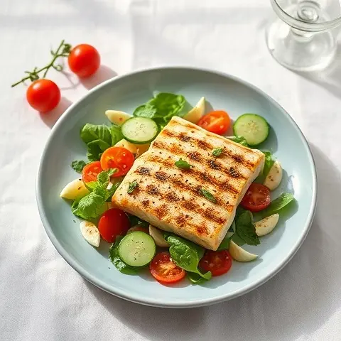 Cucumber-Tomato Sumac Salad (Shirazi-Style) with Grilled Fish