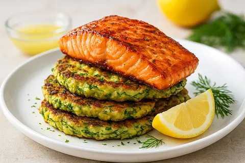 Lemon-Dill Zucchini Fritters with Grilled Salmon
