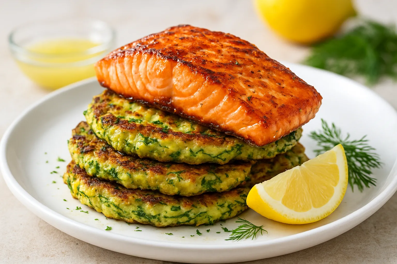 Lemon-Dill Zucchini Fritters with Grilled Salmon