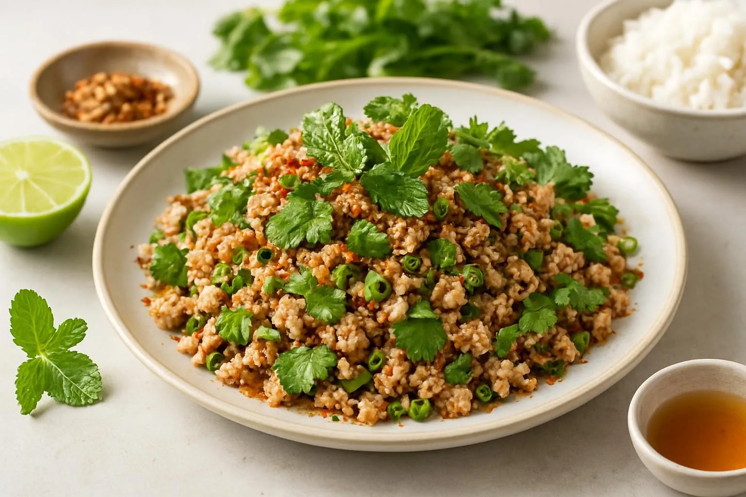 Thai Larb Gai with Toasted Rice Powder and Fresh Herbs