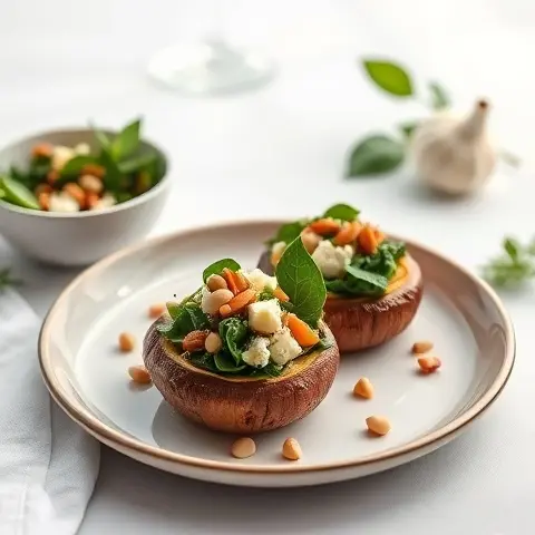 Stuffed Portobello Caps with Spinach, Pine Nuts, and Feta