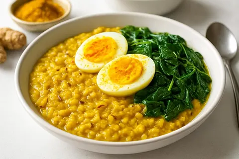 Savory Oat & Moong Dal Breakfast Porridge with Turmeric Egg and Wilted Spinach