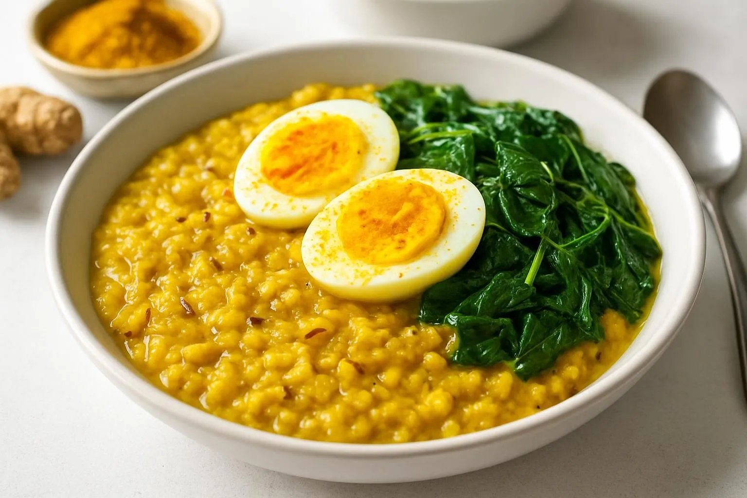 Savory Oat & Moong Dal Breakfast Porridge with Turmeric Egg and Wilted Spinach