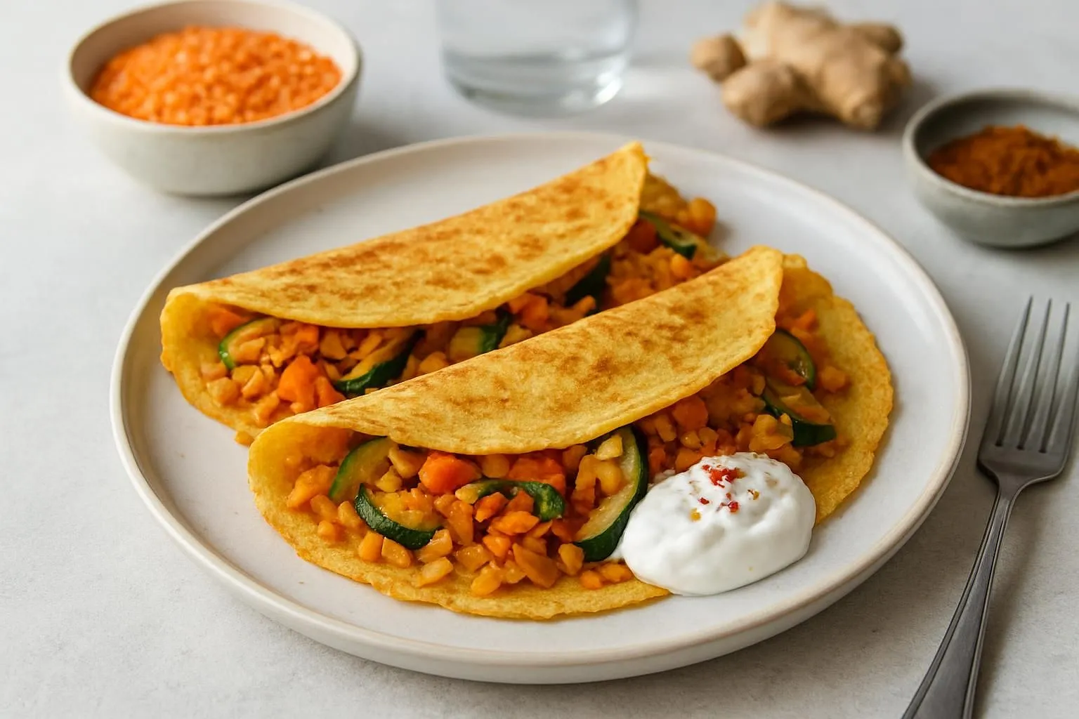 Spiced Lentil & Vegetable Savory Breakfast Crepes with Coconut Yogurt