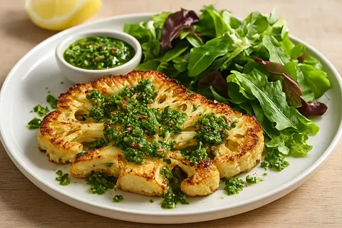 Roasted Cauliflower Steaks with Chimichurri and Mixed Greens