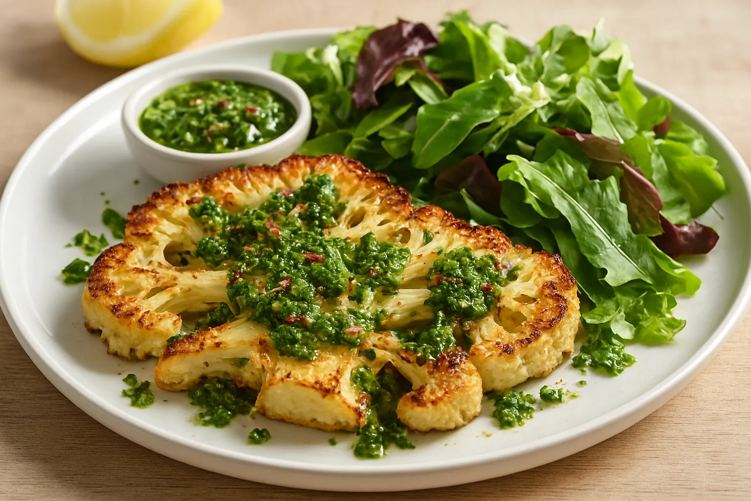 Roasted Cauliflower Steaks with Chimichurri and Mixed Greens