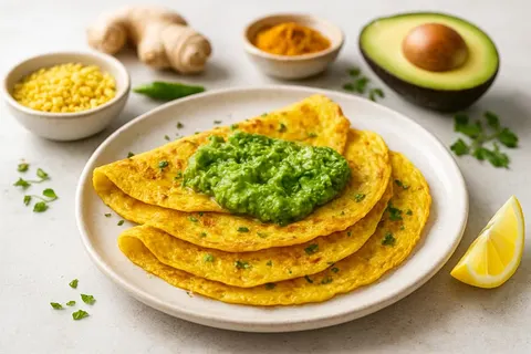 Ginger-Spiced Moong Dal Crepes with Avocado & Herb Chutney
