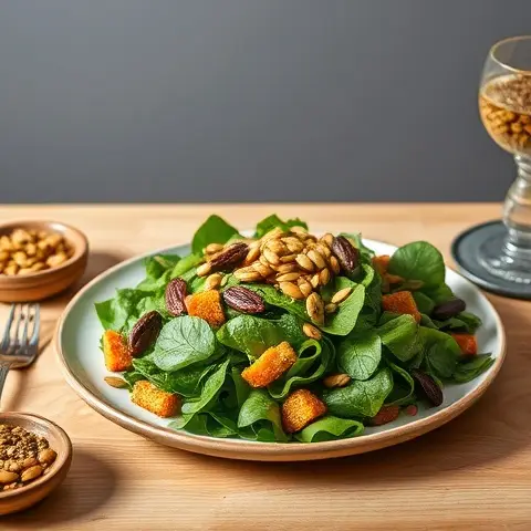 Roasted Pumpkin Seed “Crouton” Salad with Mixed Greens