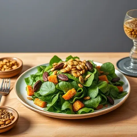 Roasted Pumpkin Seed “Crouton” Salad with Mixed Greens