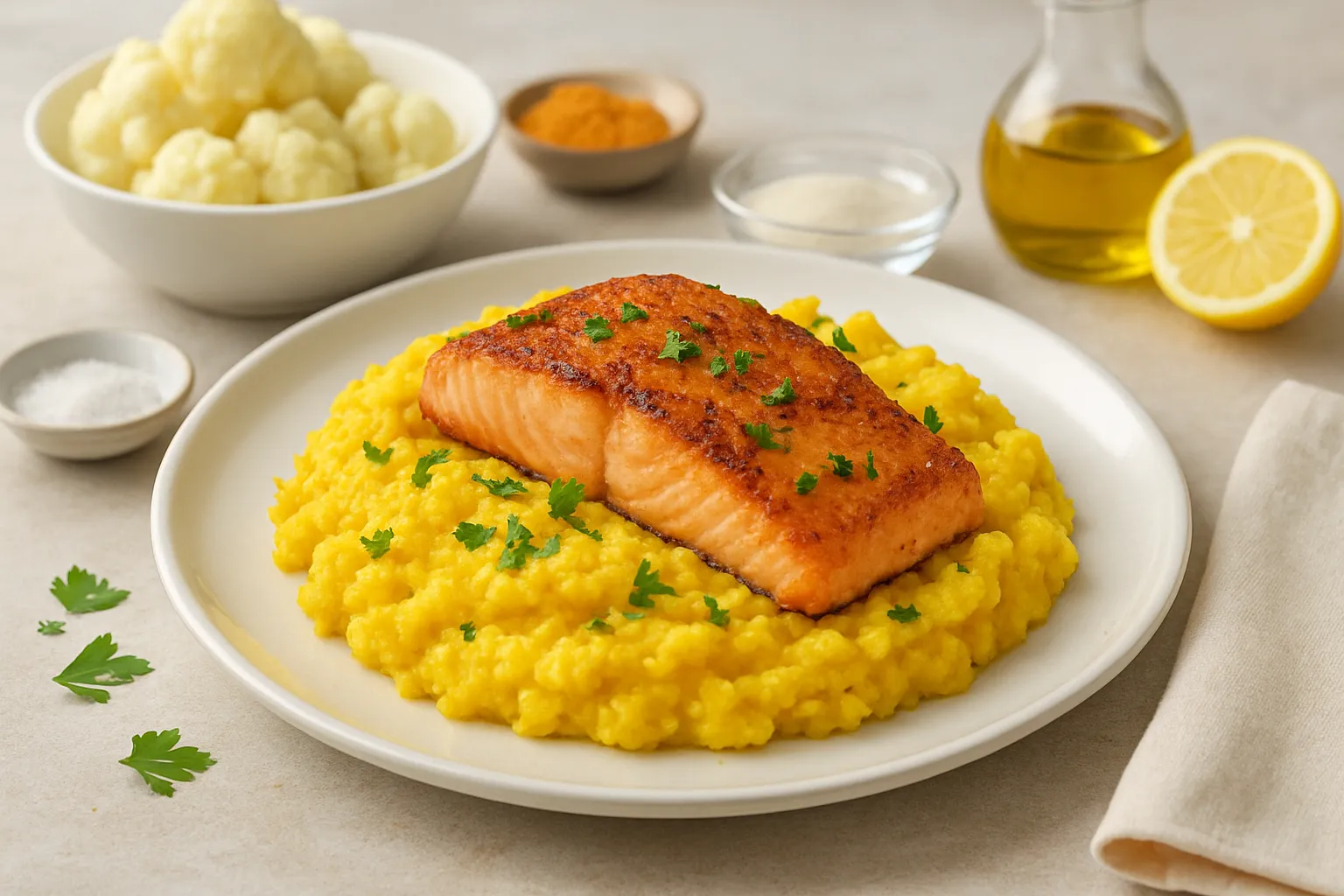 Collagen Turmeric Cauliflower Mash with Crispy Salmon