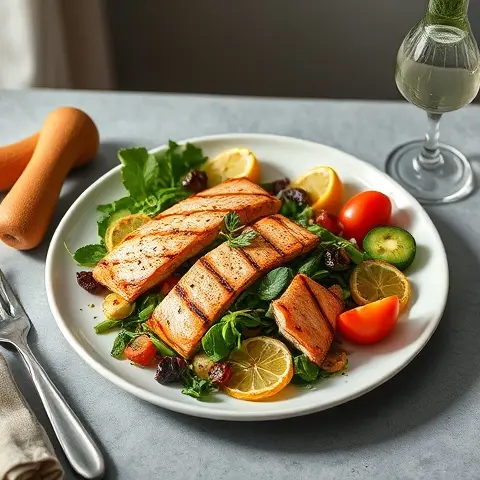Grilled Salmon Nicoise Salad with Olive Oil and Lemon