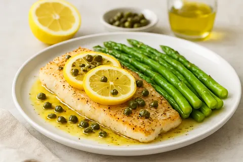 Lemon-Caper Baked Pollock with Asparagus