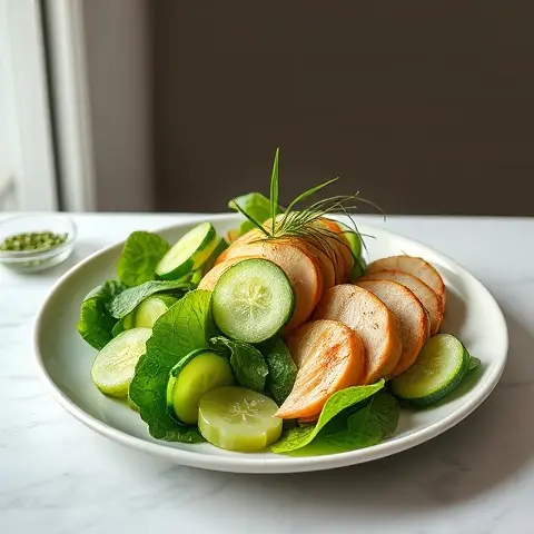 Cucumber and Chive Salad with Poached Chicken Slices