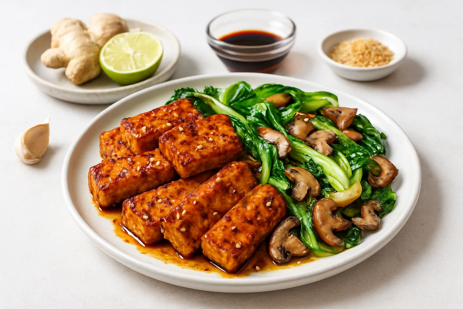 Ginger-Lime Marinated Tempeh with Stir-Fried Bok Choy and Mushrooms