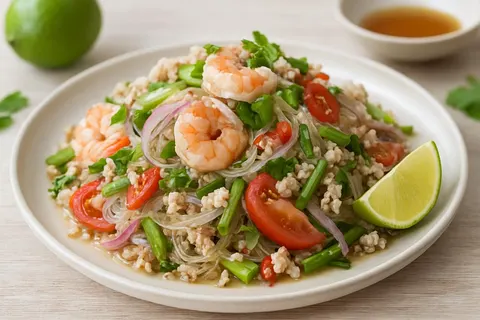Thai Yam Woon Sen — Glass Noodle Salad with Minced Shrimp and Ground Chicken