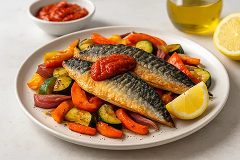 Mackerel with Harissa and Roasted Veggies