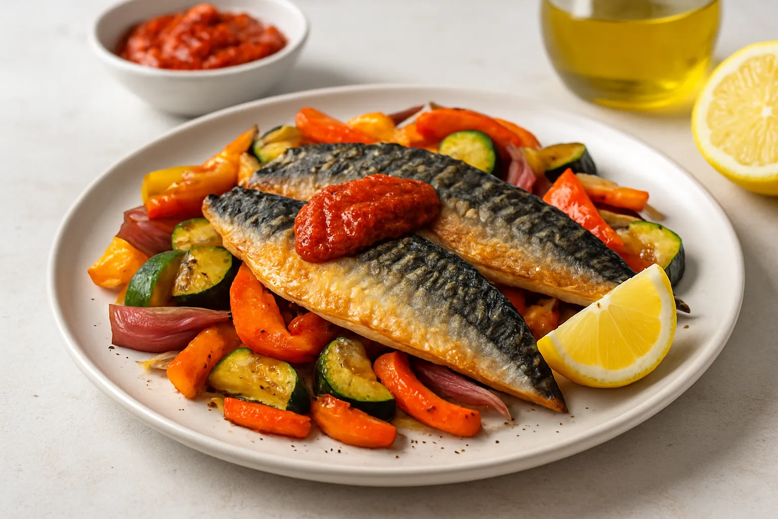 Mackerel with Harissa and Roasted Veggies