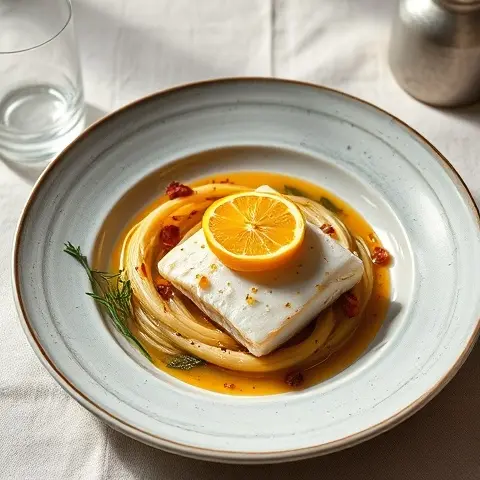 Cardamom-Bay Poached Cod with Braised Fennel & Lemon