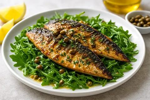 Grilled Mackerel over Arugula with Lemon-Caper Vinaigrette