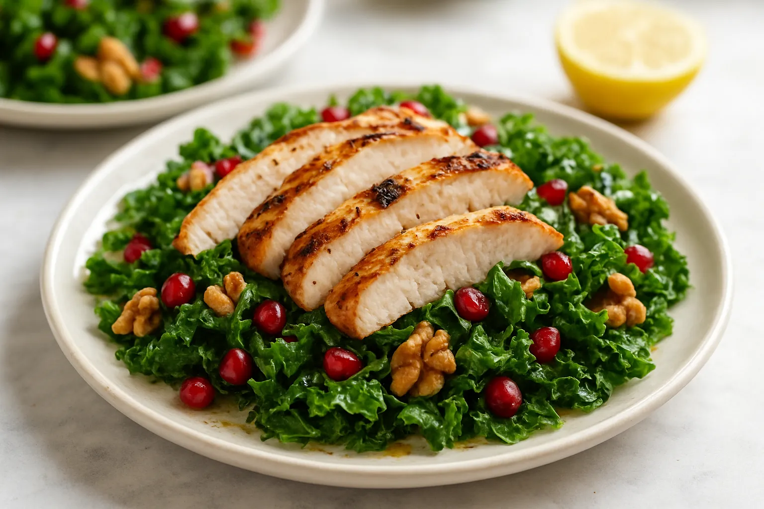 Grilled Turkey, Kale & Pomegranate Salad with Walnuts