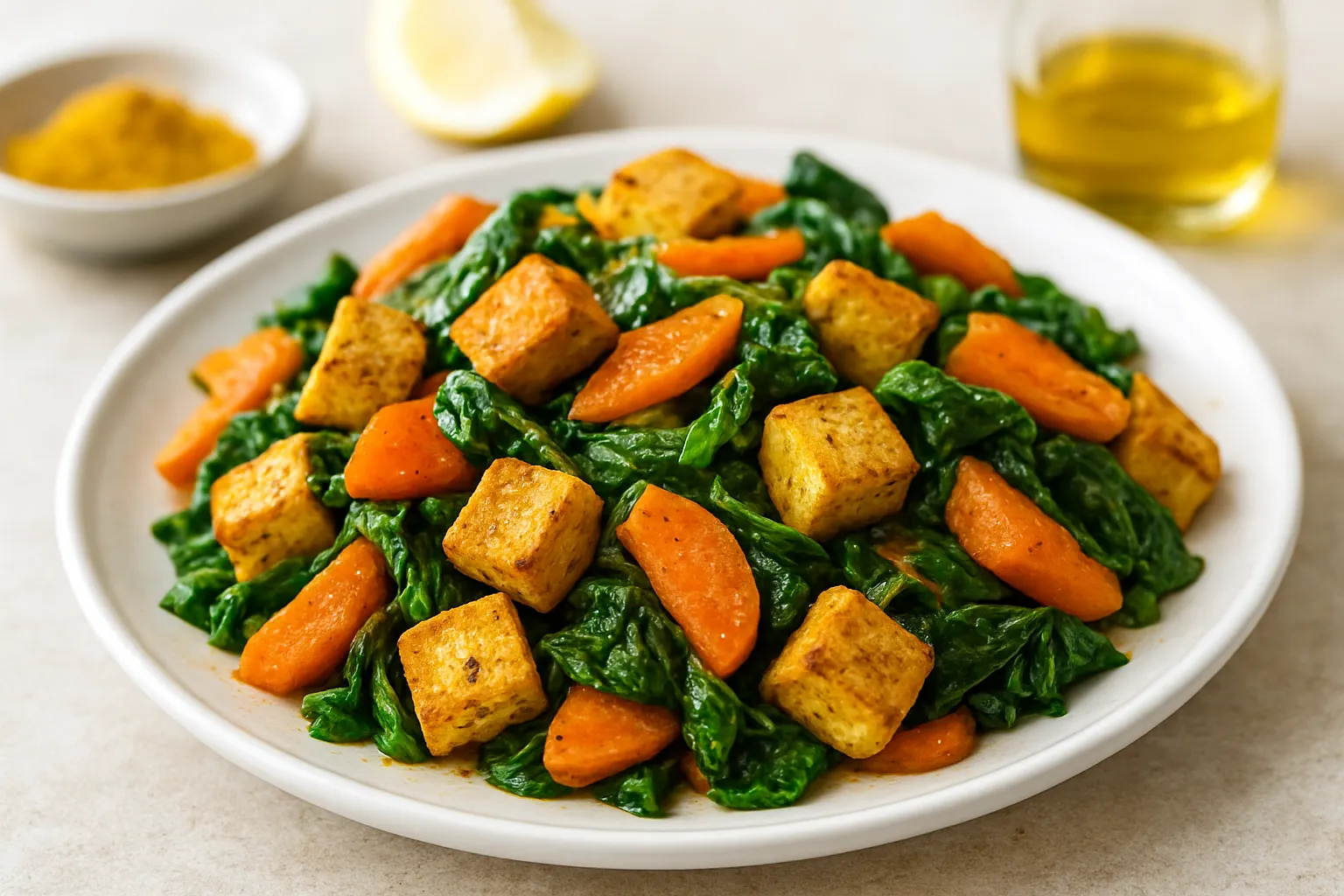 Firm Tofu, Carrot, and Spinach Sauté
