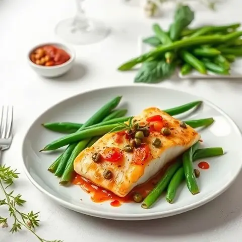 Tomato-Caper Baked Cod with Green Beans