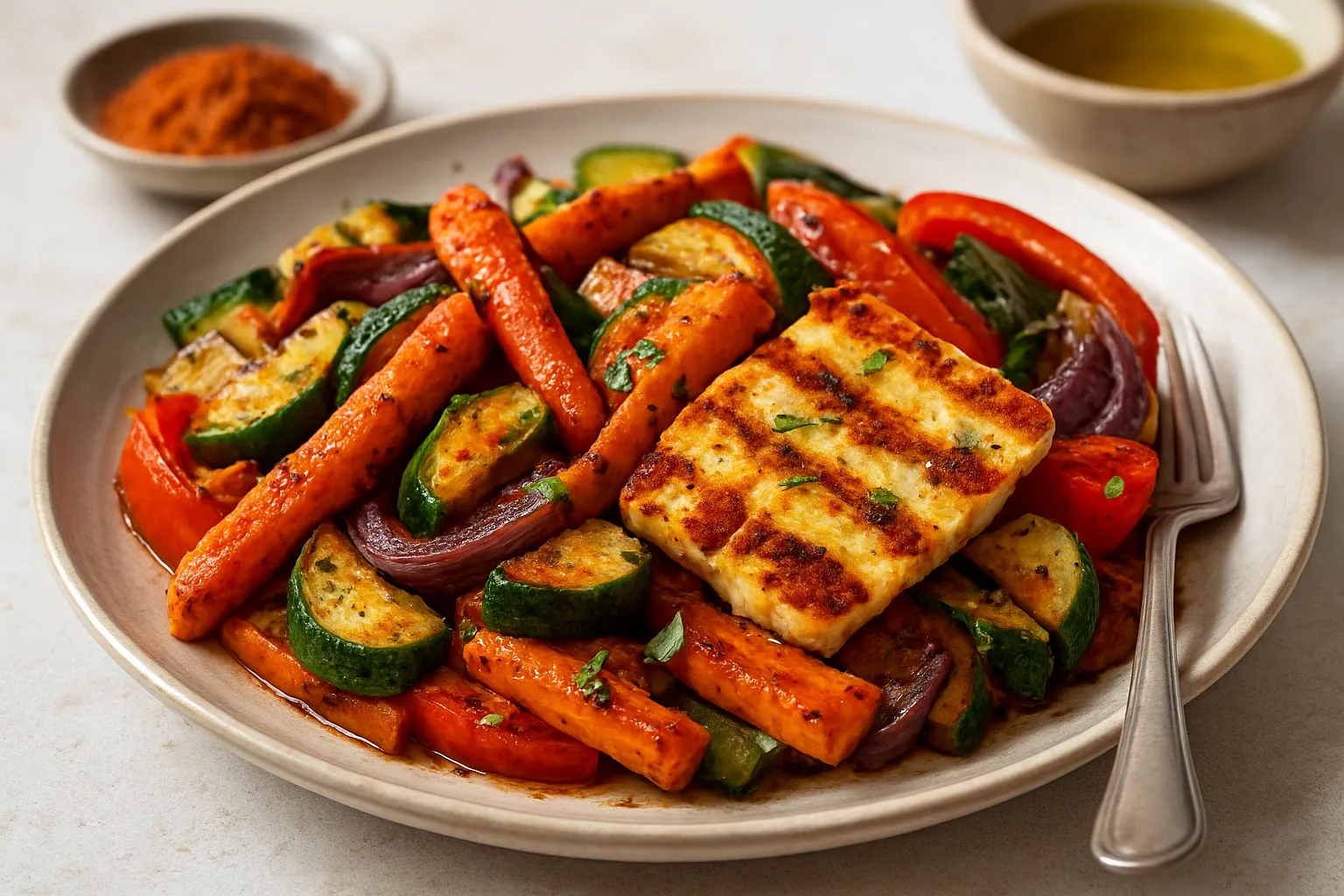 Spicy Moroccan-Spiced Carrot and Veggie Bowl with Grilled Halloumi