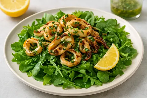 Grilled Calamari with Herb Citrus Dressing over Greens