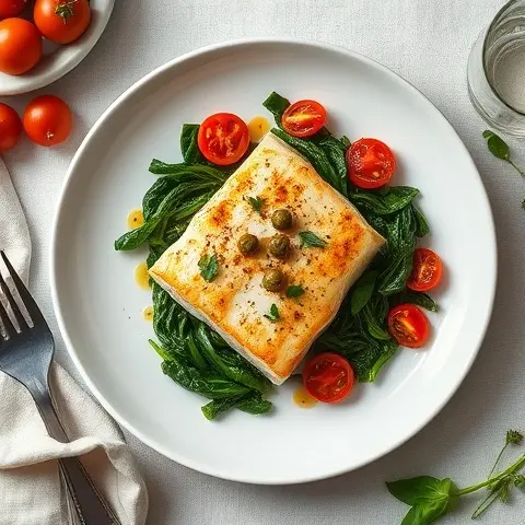 Tomato-Caper Halibut with Wilted Swiss Chard