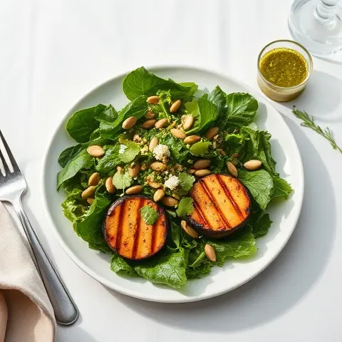 Kale and Pumpkin Seed Pesto Salad with Grilled Portobello