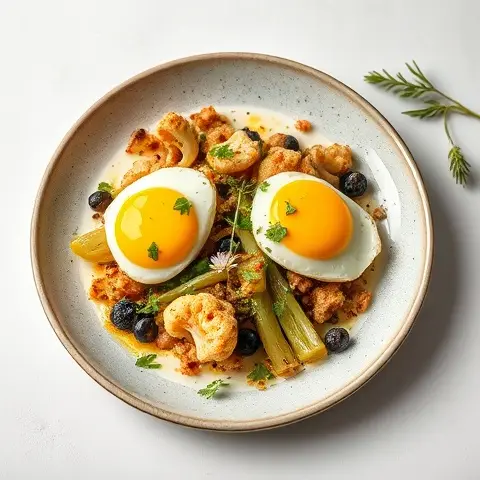 Cauliflower and Leek Hash with Poached Eggs