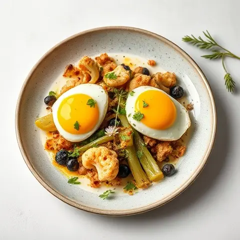 Cauliflower and Leek Hash with Poached Eggs