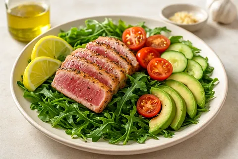 Lemon-Garlic Seared Tuna over Bitter Greens with Olive Oil