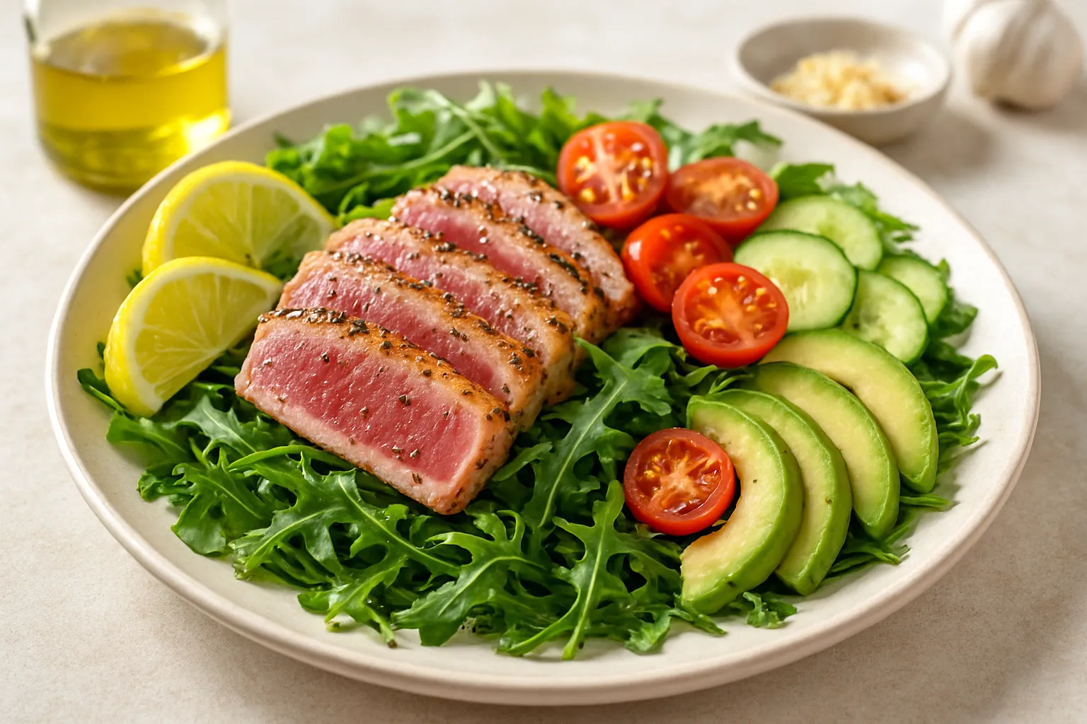 Lemon-Garlic Seared Tuna over Bitter Greens with Olive Oil