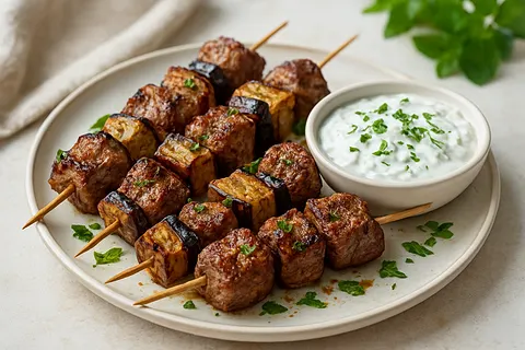 Spiced Lamb and Eggplant Skewers with Mint-Yogurt Dip