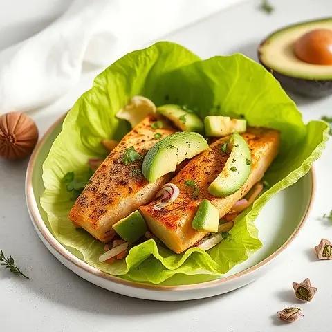 Spicy Avocado and Blackened Cod Breakfast Tacos (Lettuce Shells)