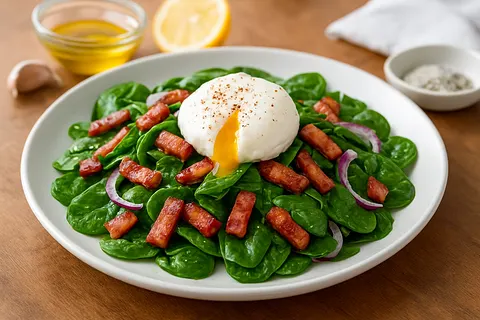 Warm Spinach Salad with Turkey Lardons and Poached Egg