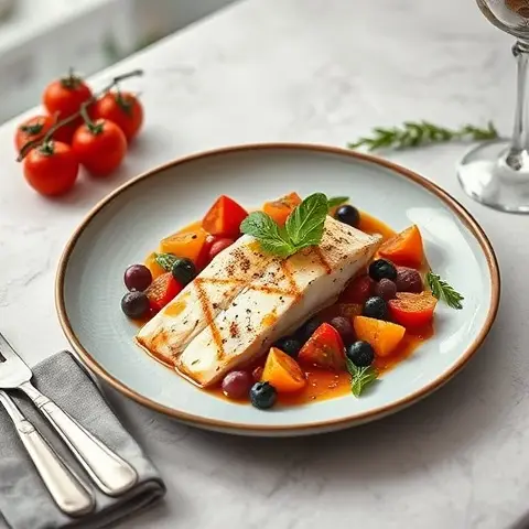 Mackerel with Warm Tomato and Olive Salad