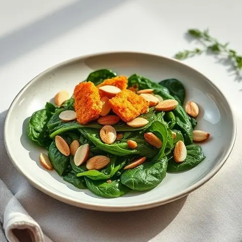 Crispy Almond Croutons over Warm Spinach