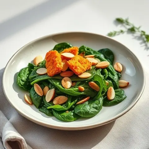 Crispy Almond Croutons over Warm Spinach