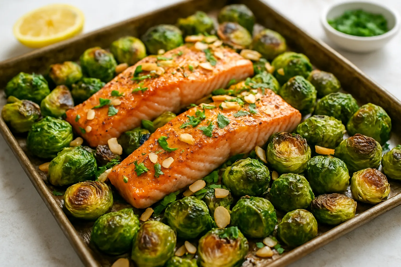 Roasted Brussels Sprouts & Salmon Traybake