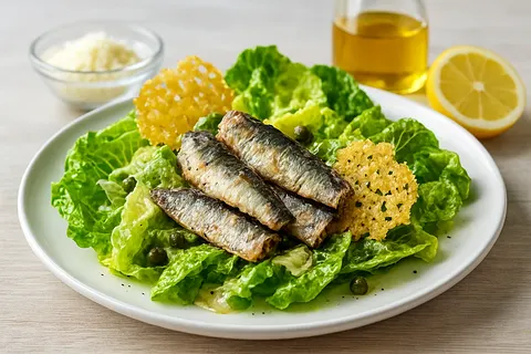 Sardine Caesar Salad with Parmesan Crisps