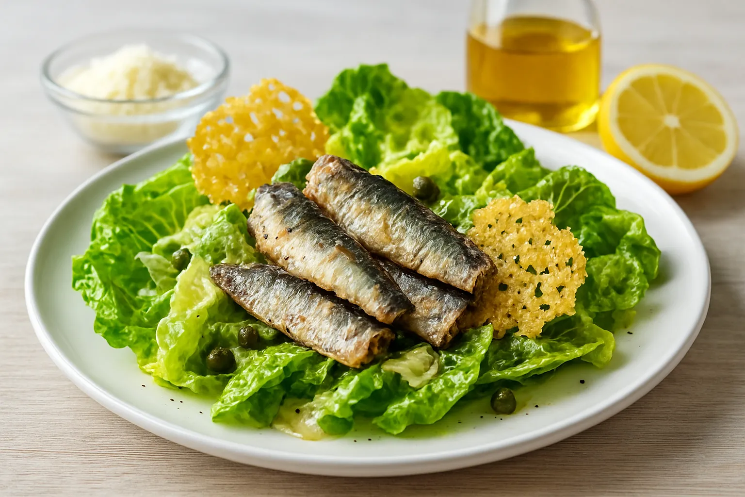 Sardine Caesar Salad with Parmesan Crisps