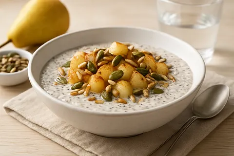Warm Pear & Coconut Chia with Toasted Seeds